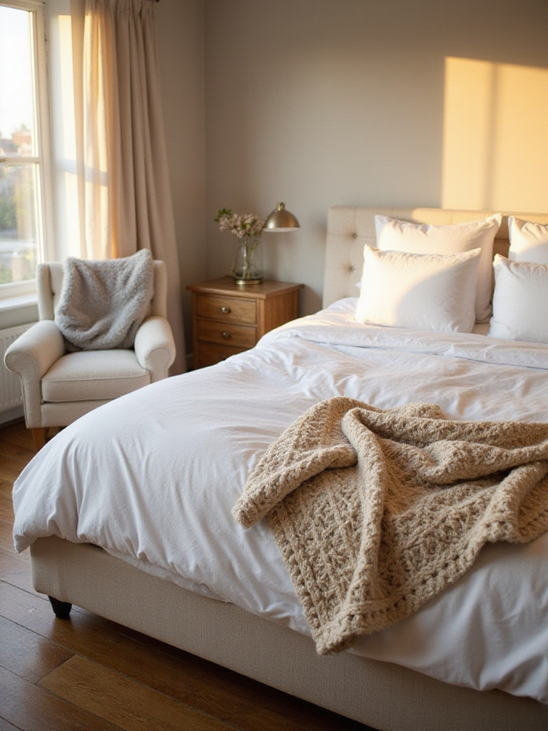 Cozy bedroom with a chunky knit throw blanket draped over the bed and a faux fur throw on a chair.