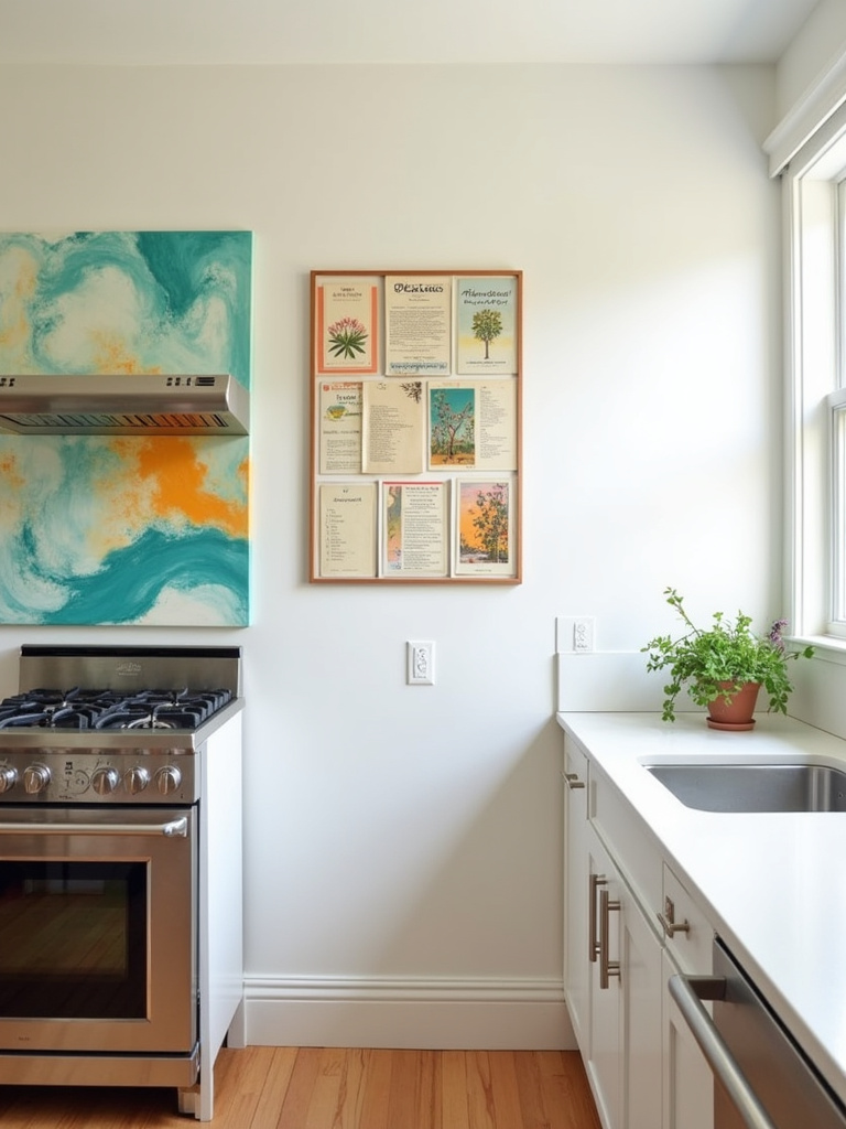 Apartment kitchen decor with colorful abstract art and a gallery wall of vintage recipes and botanical prints.