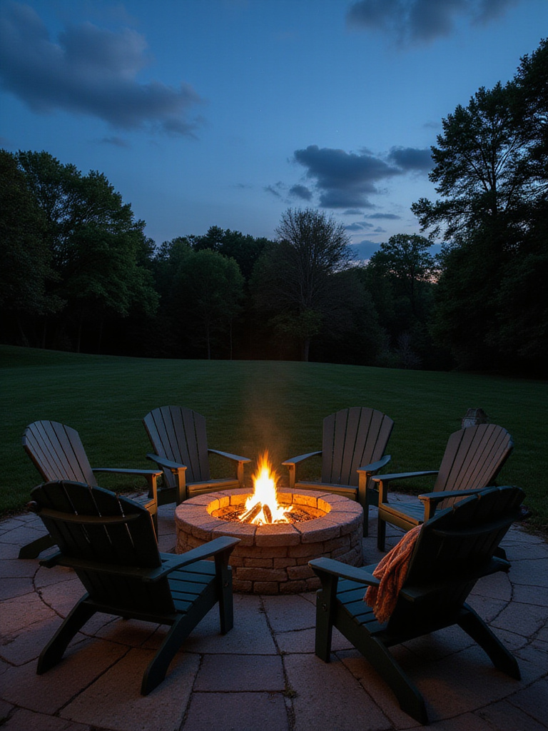 Backyard firepit with Adirondack chairs for seating