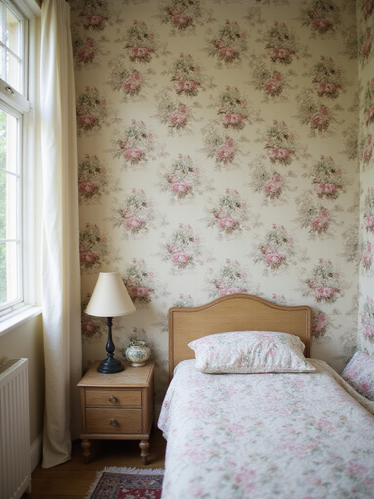 Vintage bedroom with romantic floral wallpaper.