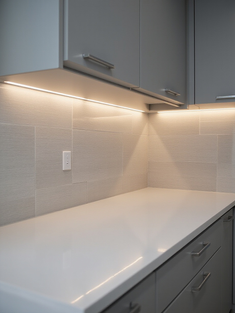 Kitchen backsplash with integrated LED lighting under cabinets