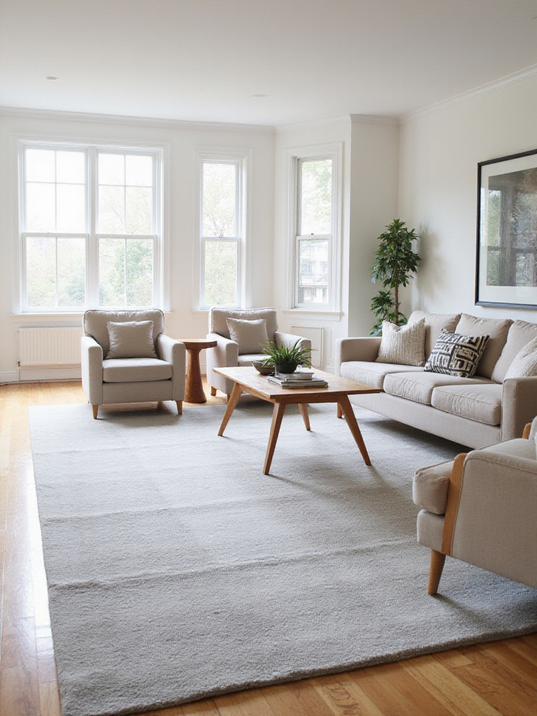 Modern living room with a beige sofa and armchairs anchored by a light gray rug, demonstrating front legs on rug placement.