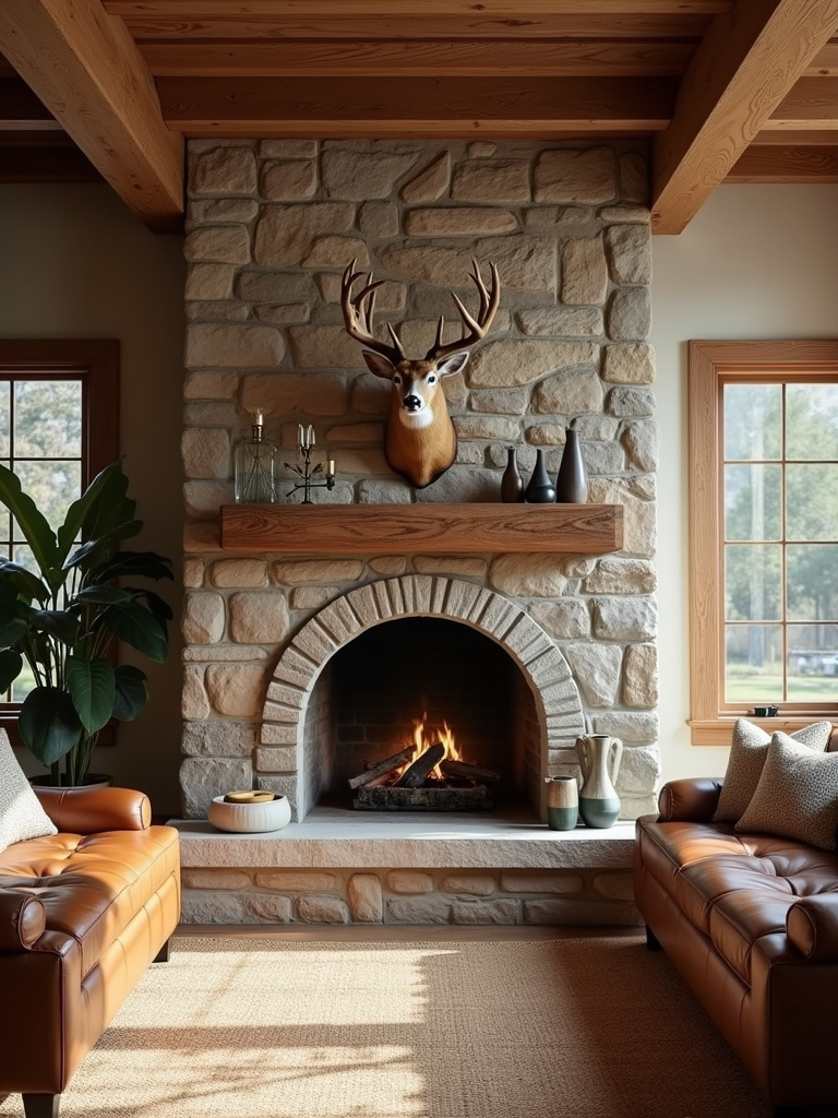 Rustic living room with stone fireplace and subtly displayed deer antlers above, enhancing the cozy and chic design.