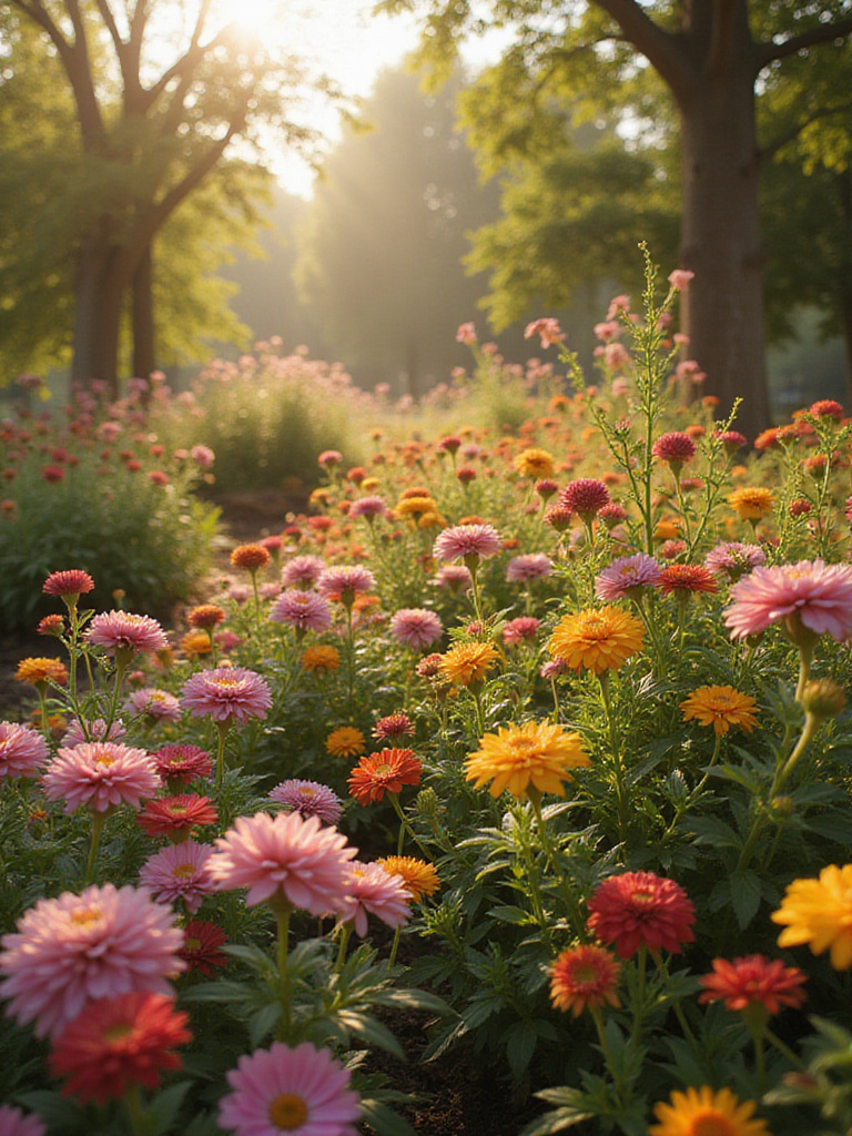 Fragrant flower garden in full bloom, bathed in golden light.