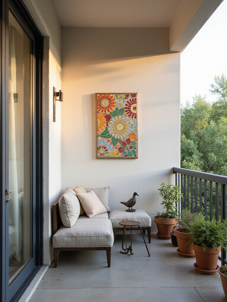 Balcony decorated with weatherproof art, including a mosaic tile mural and metal bird sculpture.