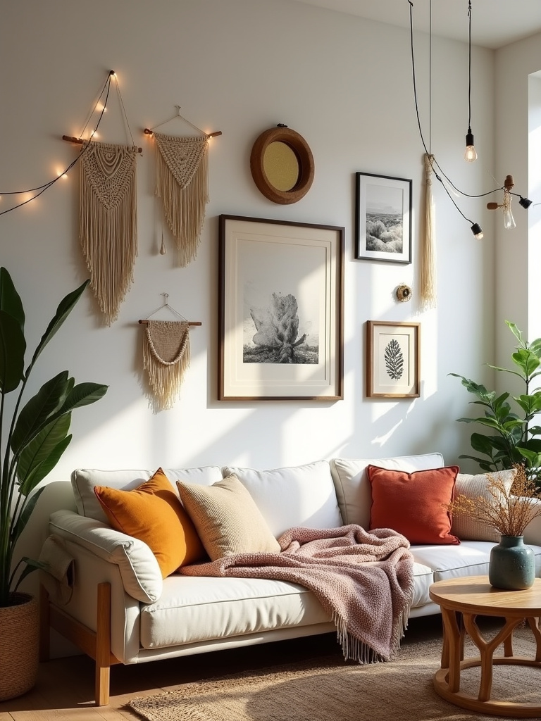 Boho living room with eclectic gallery wall featuring vintage prints, macrame, and woven art.