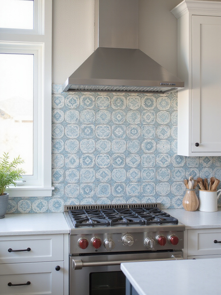Kitchen backsplash featuring patterned cement tiles in a modern kitchen.