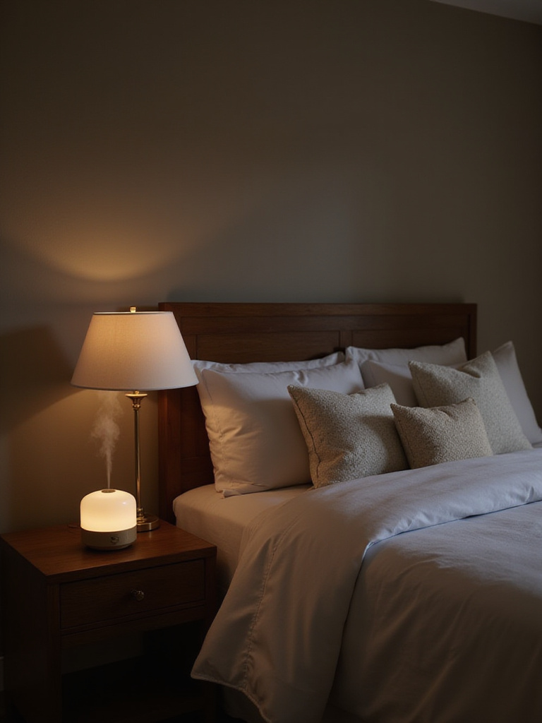 Luxurious bedroom with aromatherapy diffuser creating a relaxing atmosphere.