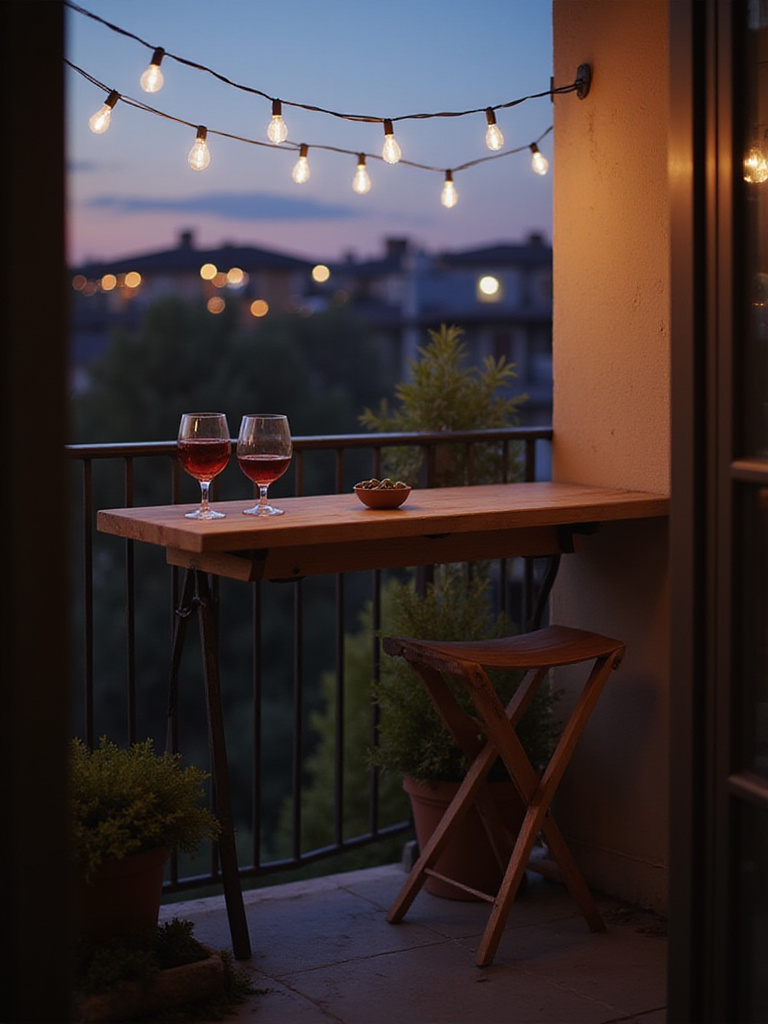 Small apartment balcony with foldable bar, string lights, and potted plants for al fresco dining.