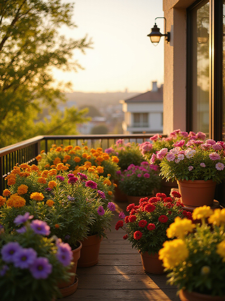 Balcony garden with colorful flowers in pots.