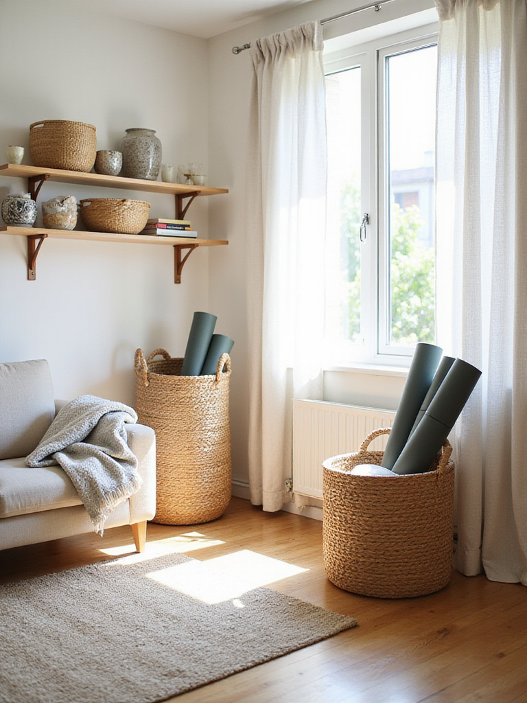 Apartment living room with various baskets used for stylish and functional storage.
