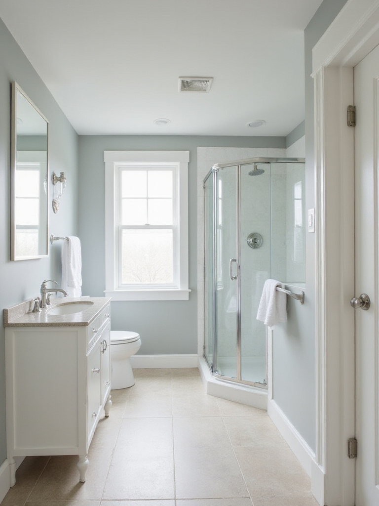 Small bathroom remodel featuring light gray walls and white fixtures to maximize space and brightness.