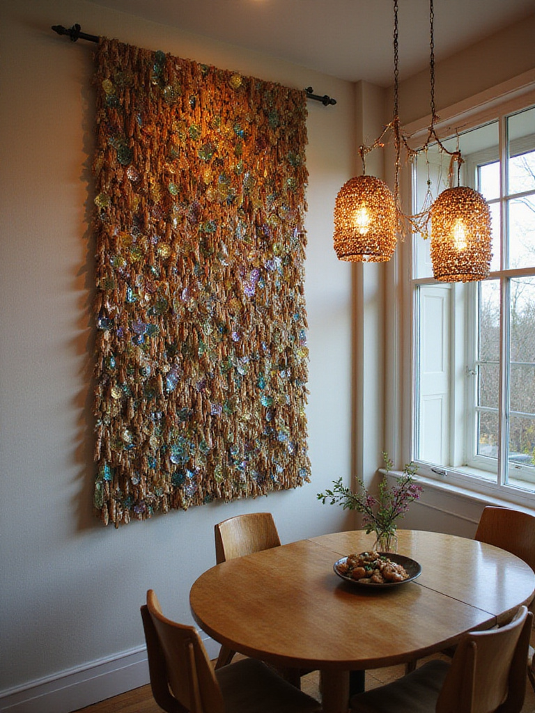 Dining room with beaded wall art adding texture and sparkle