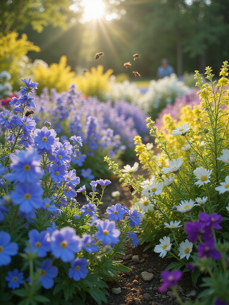 Flower garden attracting bees with blue, purple, yellow, and white blooms.