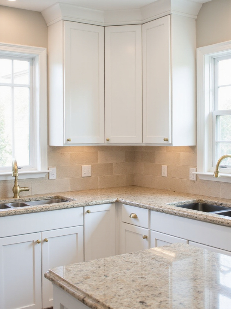 Beige granite countertops with white shaker cabinets in a cozy kitchen