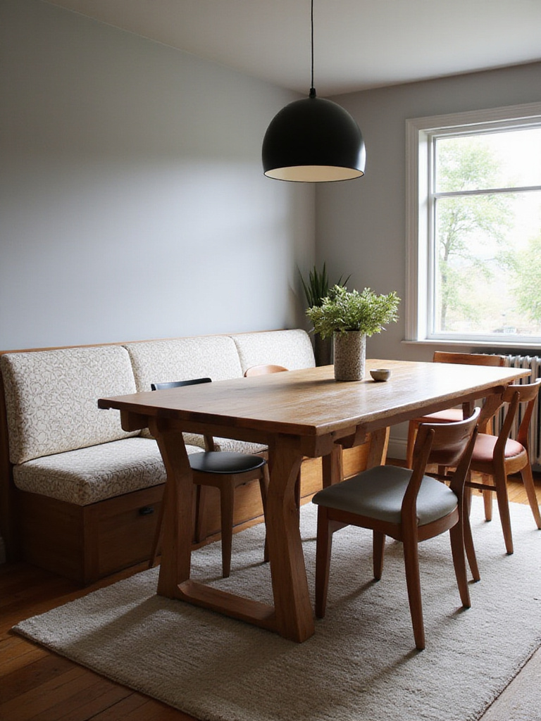 Modern dining room with a mix of banquet seating and mismatched chairs.