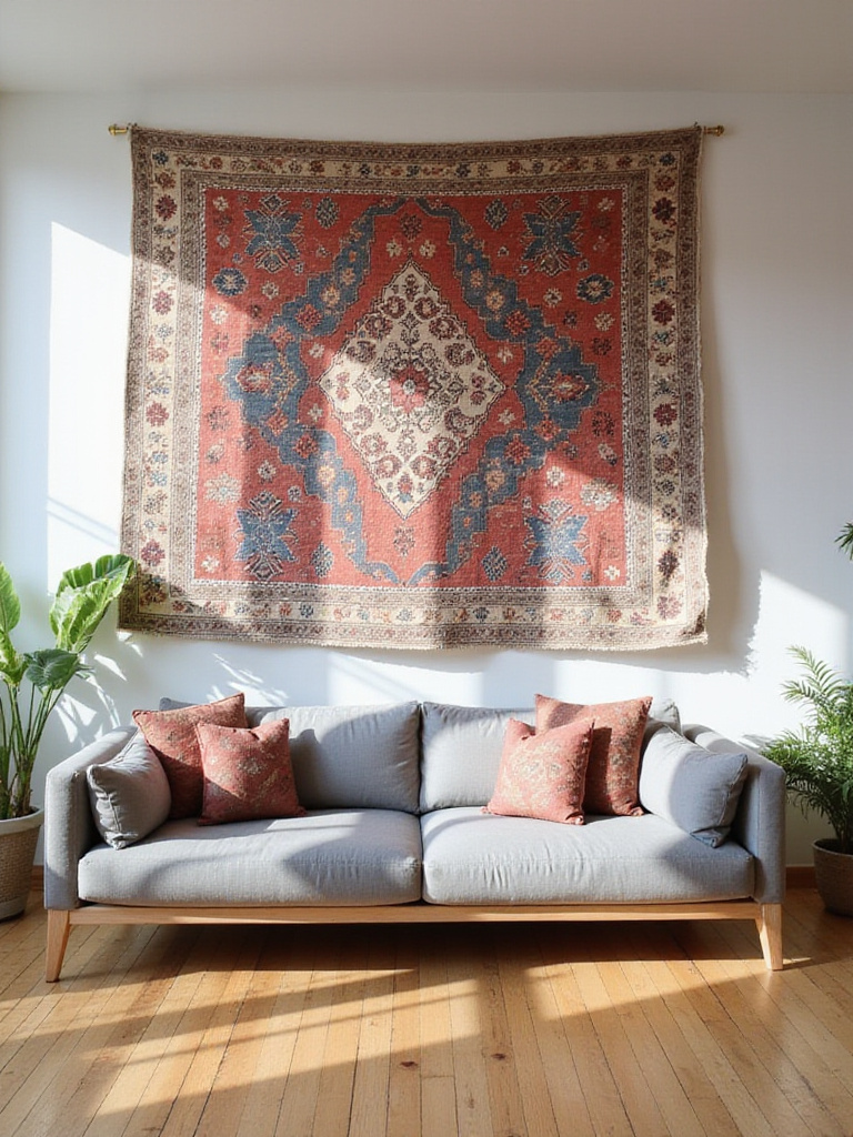 Living room with a Kilim rug displayed as wall art above a sofa.