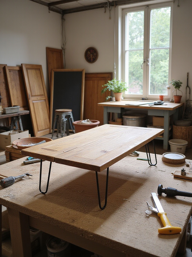 Repurposed cabinet door transformed into a stylish coffee table in a workshop setting