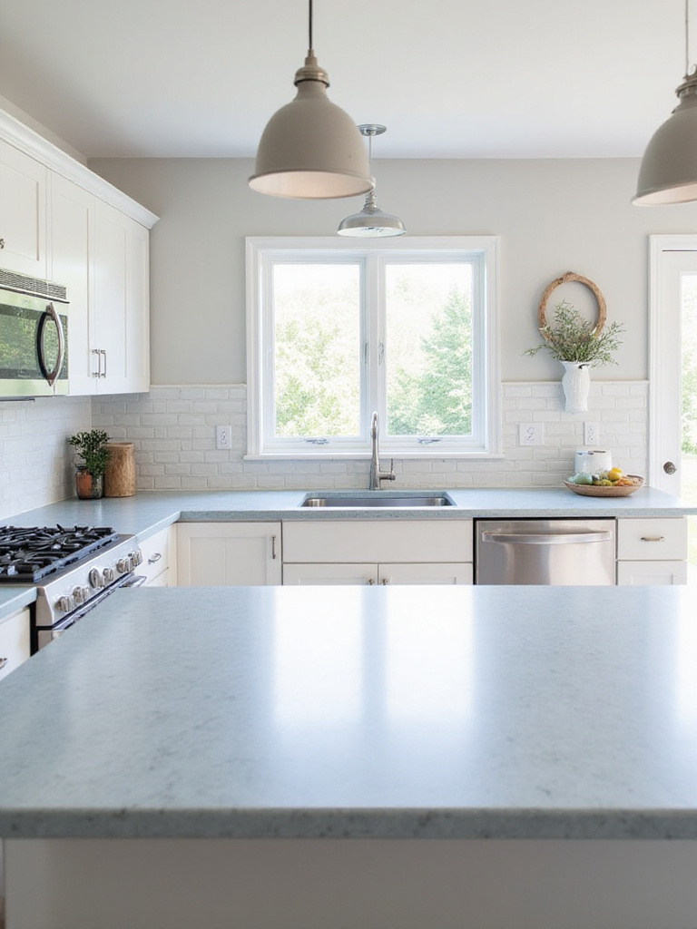 White kitchen cabinets with light blue-gray quartz countertops
