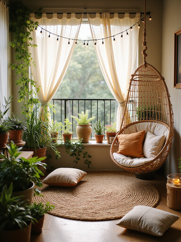 Boho balcony with macrame swing, plants, and textured cushions