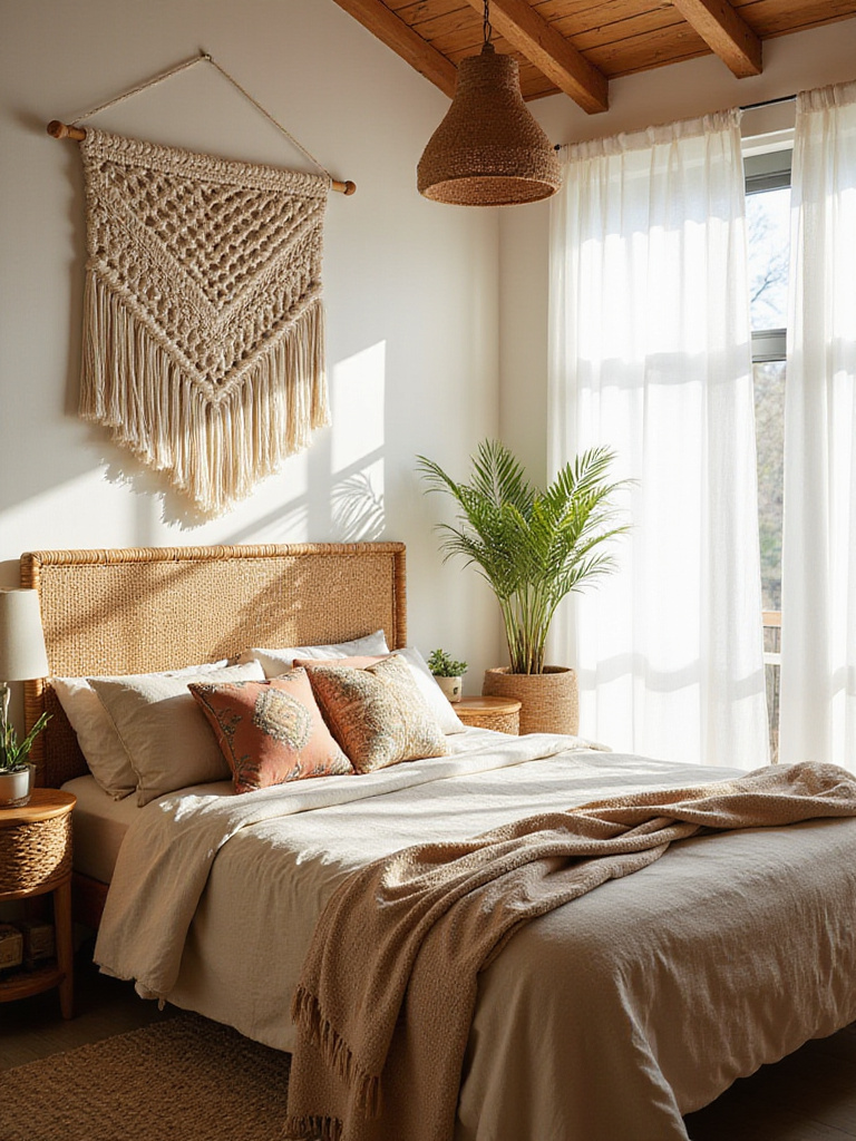 Boho chic bedroom with macrame wall hanging above bed