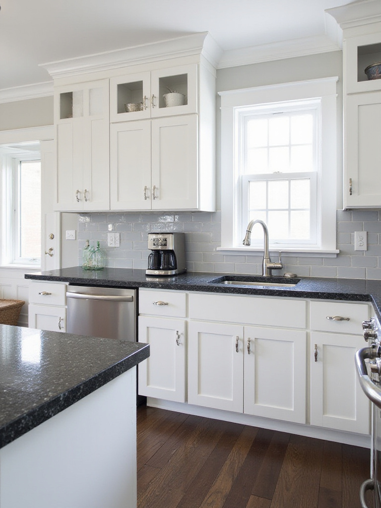 Black granite countertops with white cabinets in a modern kitchen