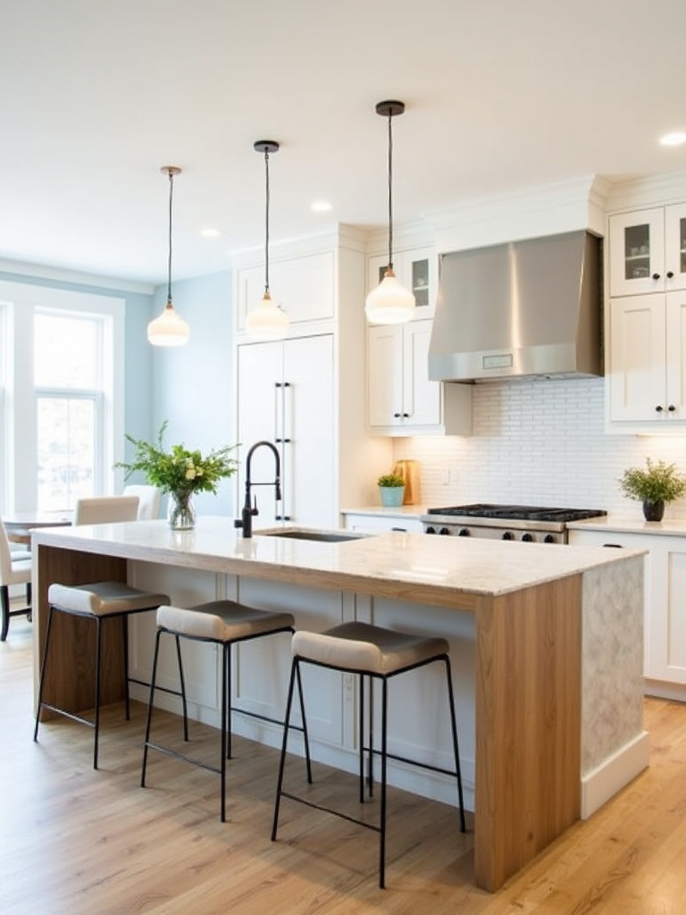 Modern kitchen with island breakfast bar seating and pendant lighting.