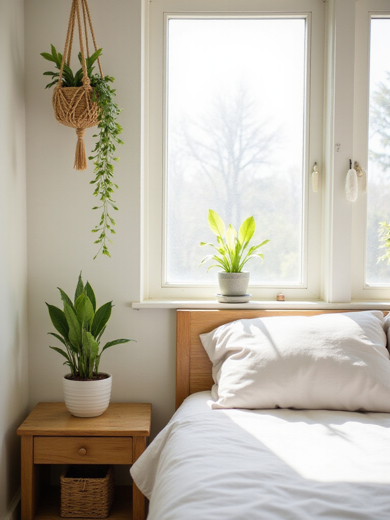 Small bedroom with plants on nightstand, windowsill, and hanging from the ceiling, creating a natural and calming atmosphere.