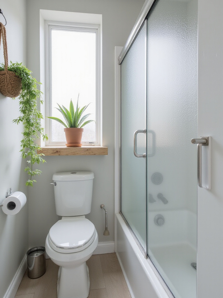 Small modern bathroom with gray walls and white fixtures, featuring a snake plant on a shelf and a pothos plant in a hanging basket.