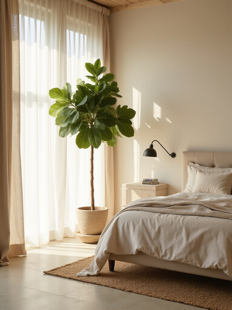 Luxurious minimalist bedroom with natural stone bedside table, linen bedding, jute rug, and a large potted fiddle-leaf fig tree, bathed in soft light.