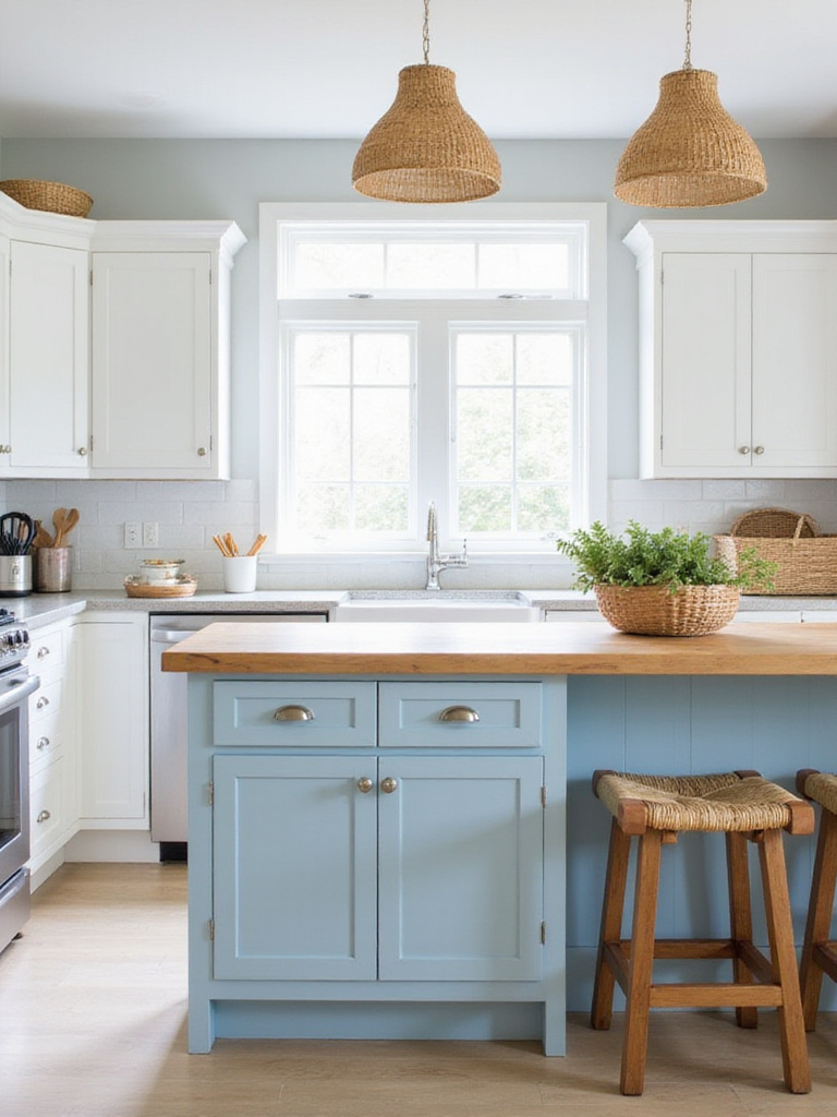 Light blue kitchen island with butcher block countertop in a bright coastal kitchen.