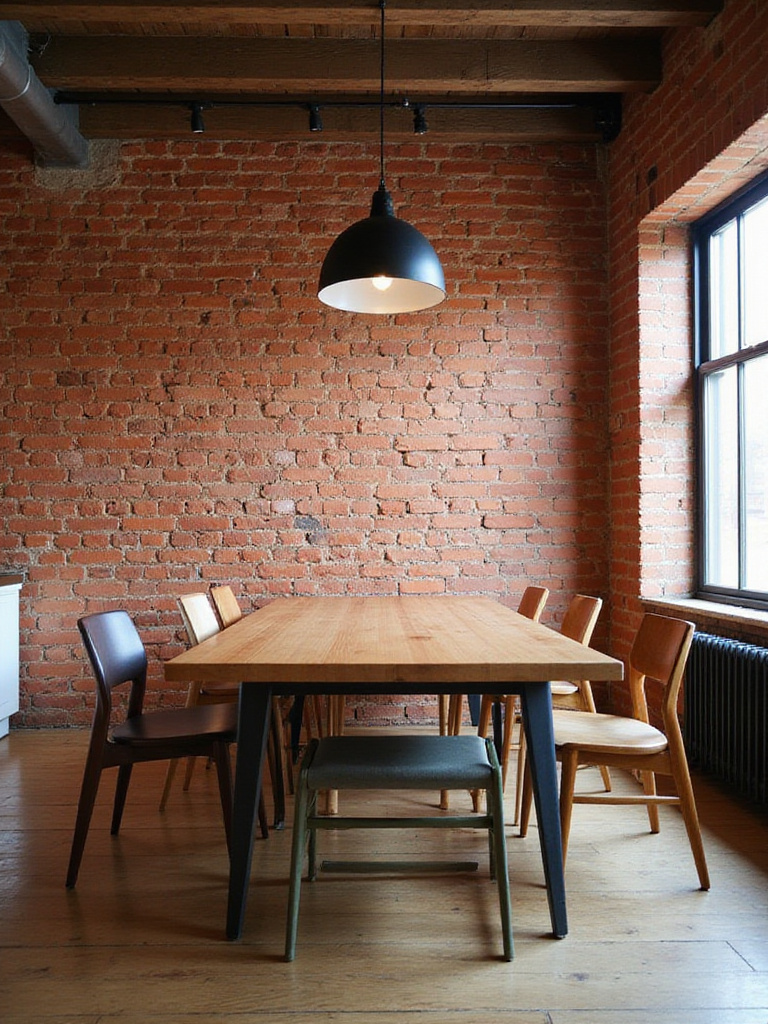 Modern dining room with exposed brick wall, wooden table, and mixed-style chairs.