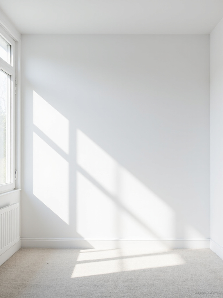 Serene white bedroom with bright white ceiling reflecting natural light.