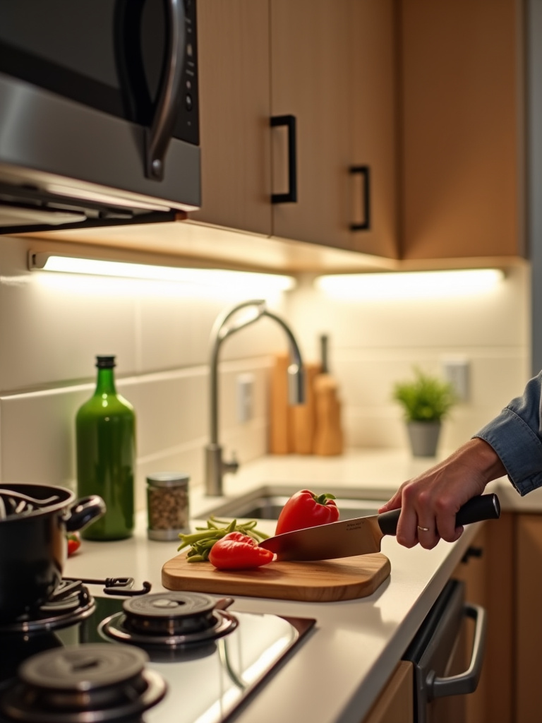 Under-cabinet LED lighting strips illuminating a countertop in an apartment kitchen.