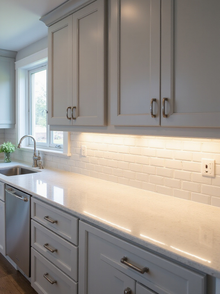 Kitchen with light gray cabinets and under-cabinet lighting illuminating the countertop