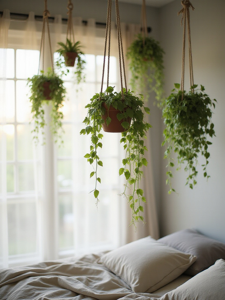 Bedroom with hanging plants for air purification and decoration