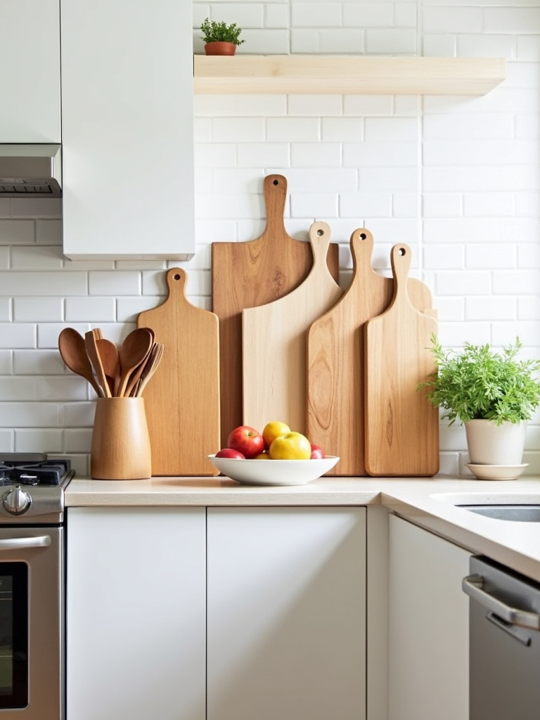 Apartment kitchen decor featuring natural wood cutting boards and accents to add warmth and style.