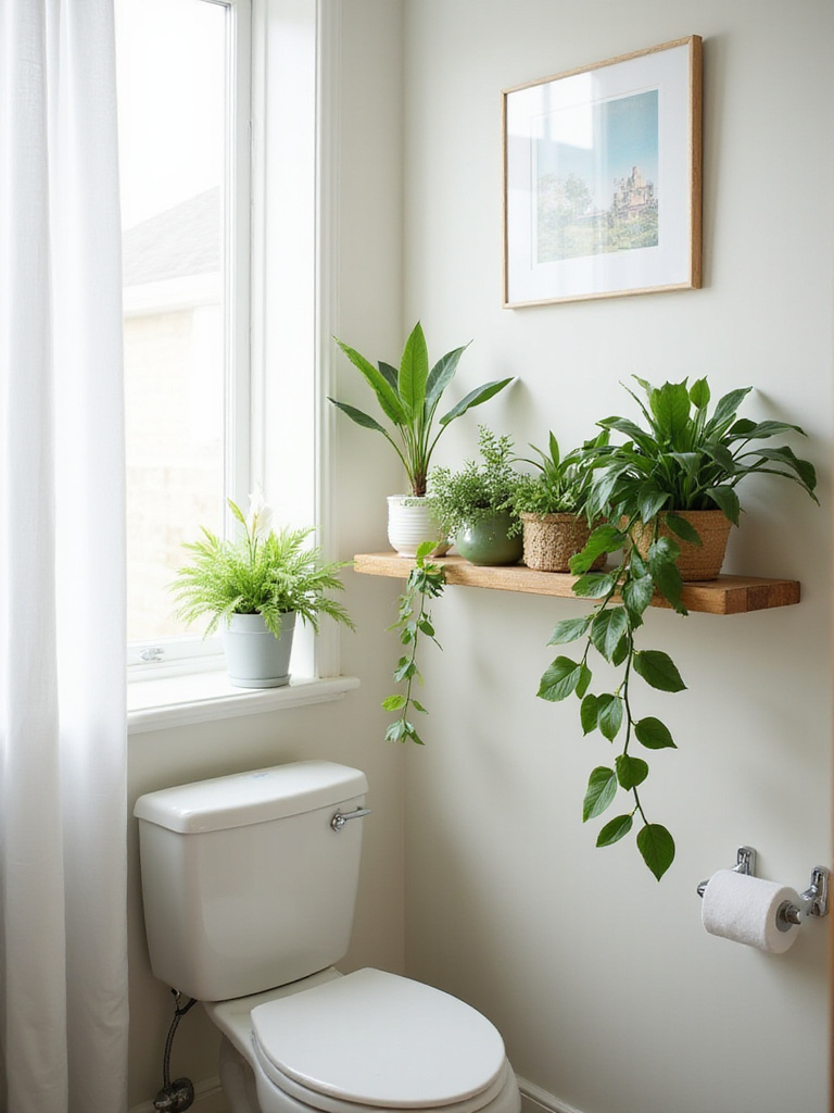 Budget-friendly bathroom plants on a wooden shelf, adding a touch of nature and freshness.