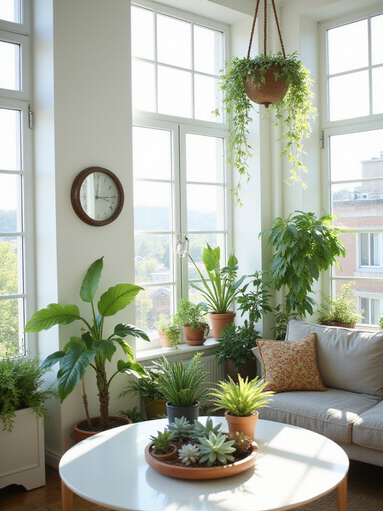Apartment living room with various houseplants, including snake plant, pothos, and succulents, bathed in natural light.