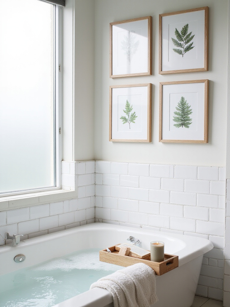 Modern bathroom with botanical prints above bathtub