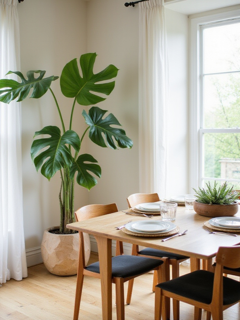 Dining room with wooden table, monstera plant, and natural light.