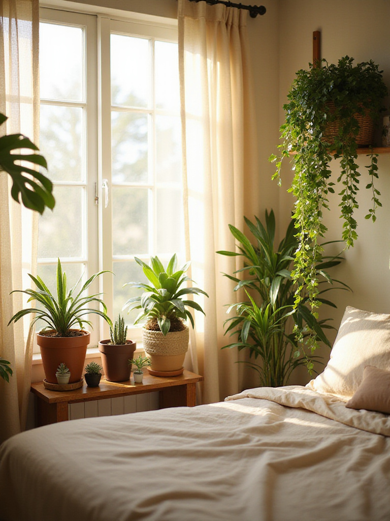 Cozy bedroom with lush greenery and potted plants creating a relaxing atmosphere.