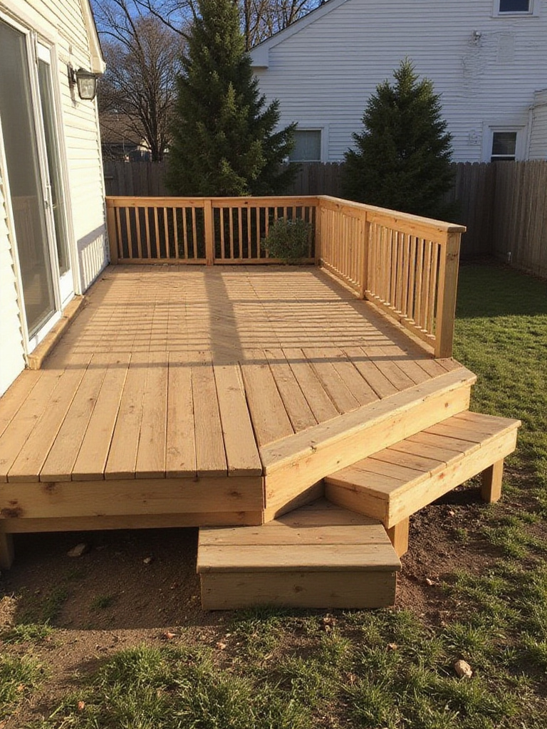 Budget-friendly deck made of pressure-treated lumber with simple railings.