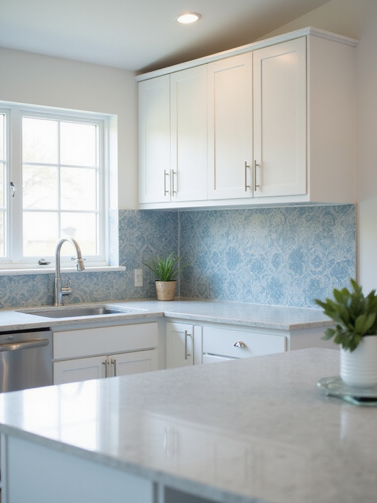 Modern kitchen featuring a DIY painted backsplash with a geometric pattern.