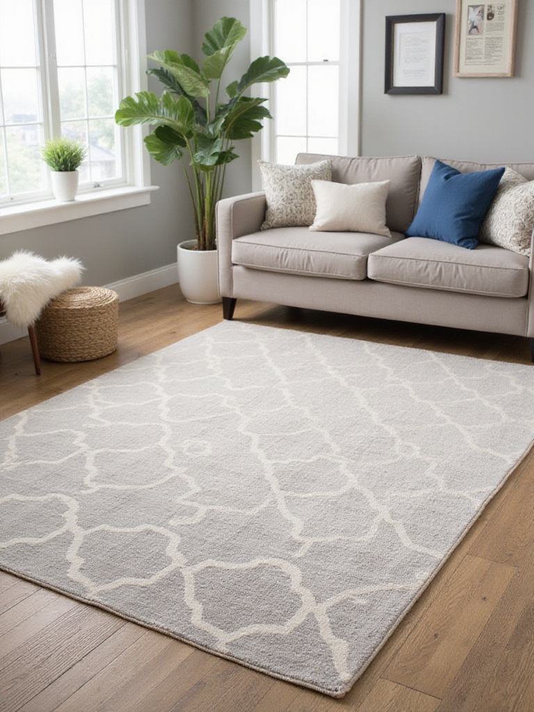 Budget-friendly living room rug with geometric pattern in a stylish living room.