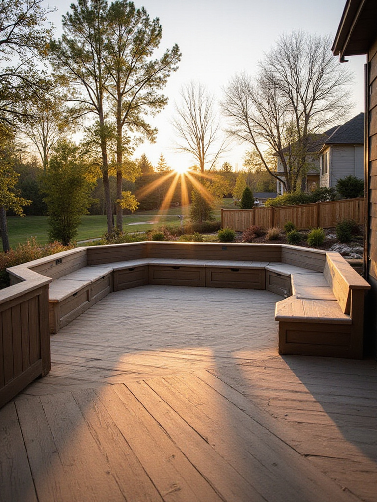 Modern deck with built-in seating and storage benches.