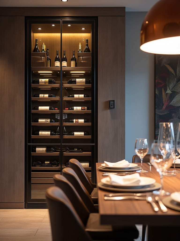 Contemporary dining room with a built-in wine cabinet showcasing a wine collection.