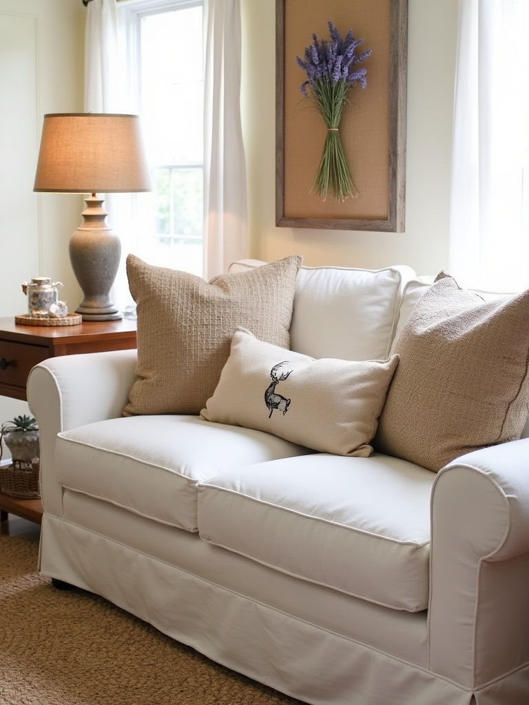 Rustic living room with burlap throw pillows, lampshade, and wall art.