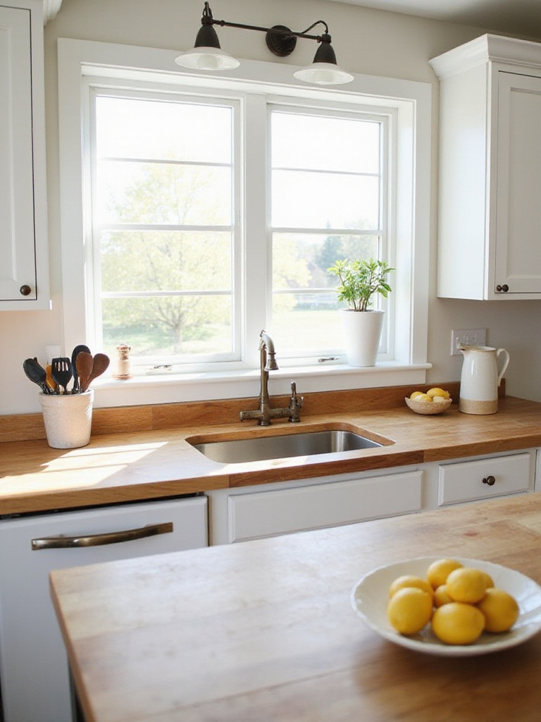 Farmhouse kitchen with white cabinets and butcher block countertops