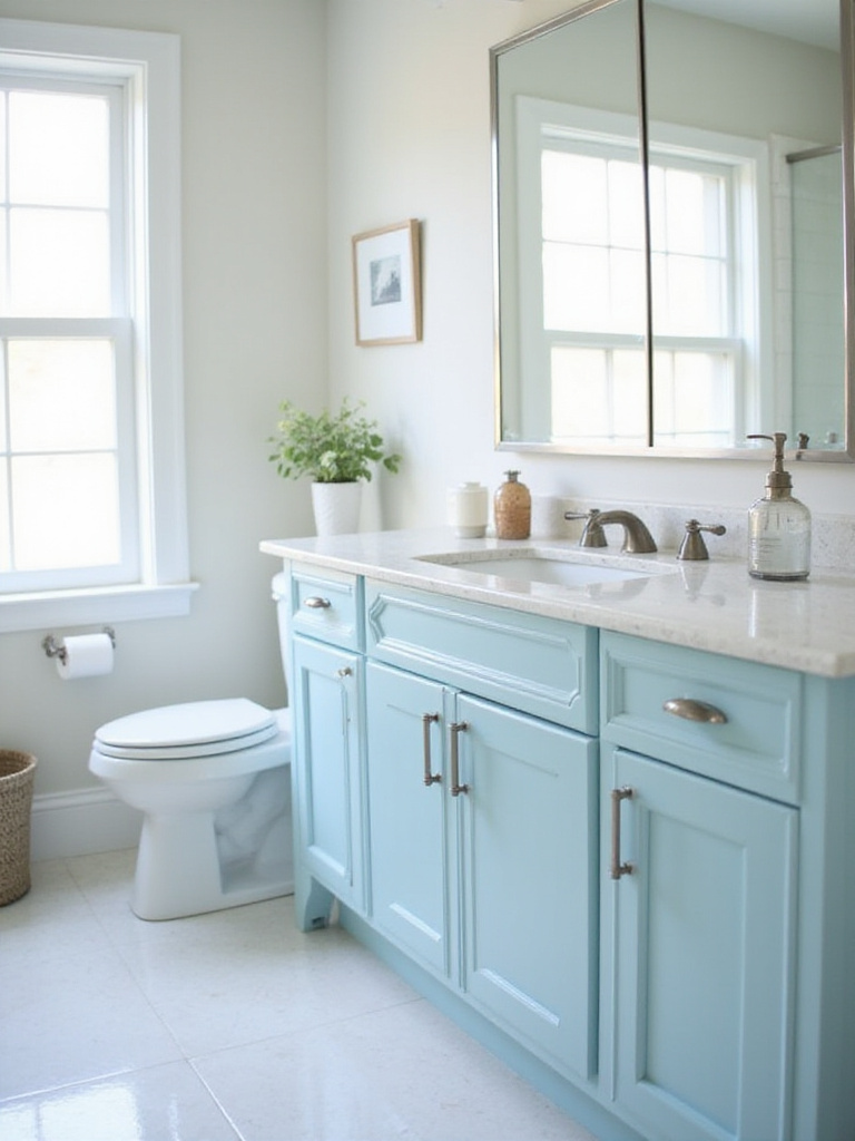 Bathroom vanity with freshly painted blue cabinets and new brushed nickel hardware.
